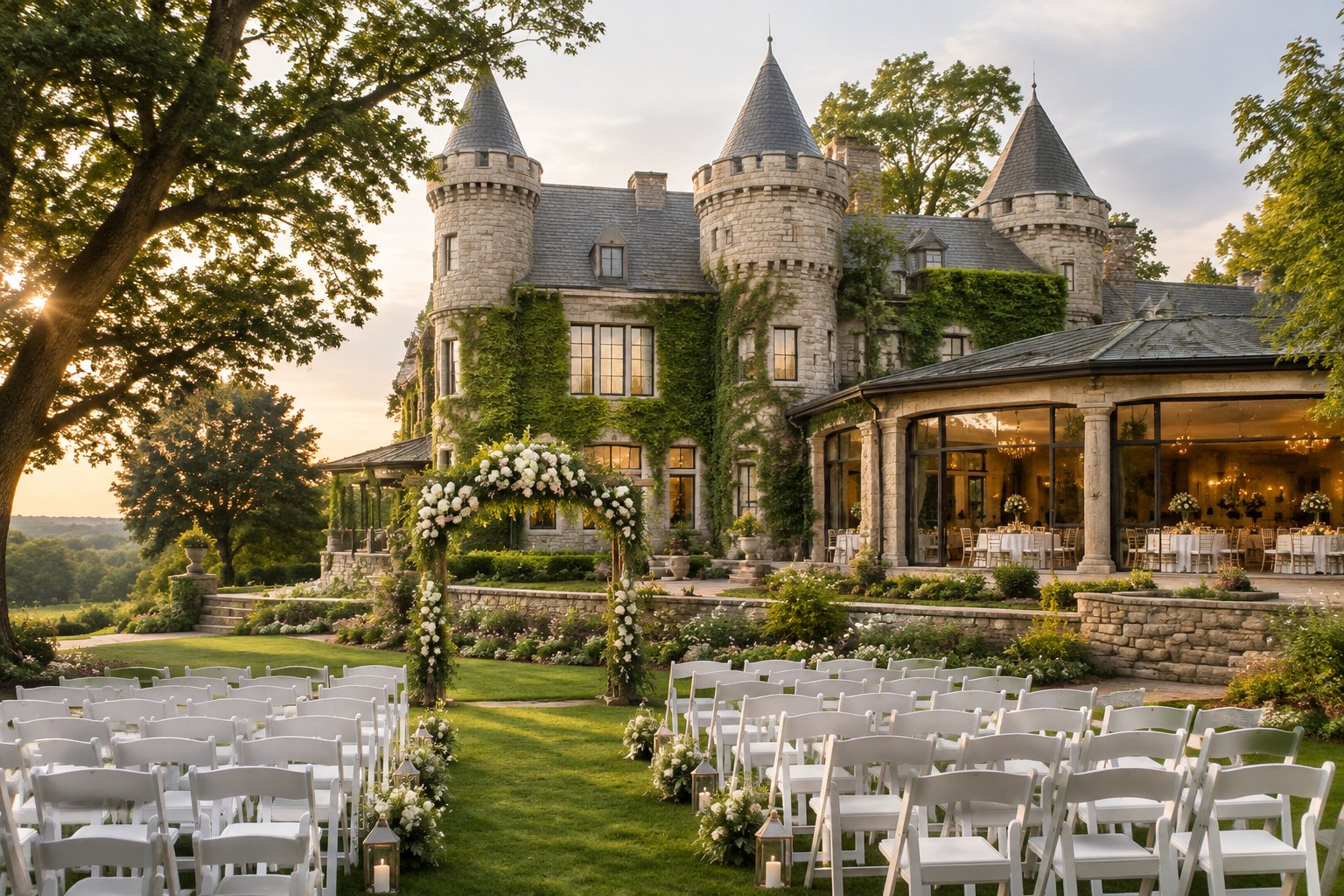 A castle-style wedding venue with a garden ceremony setup and reception tables visible nearby.