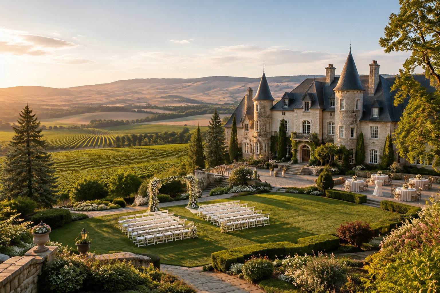 A château estate with gardens and a wedding ceremony setup overlooking Yakima Valley vineyards.