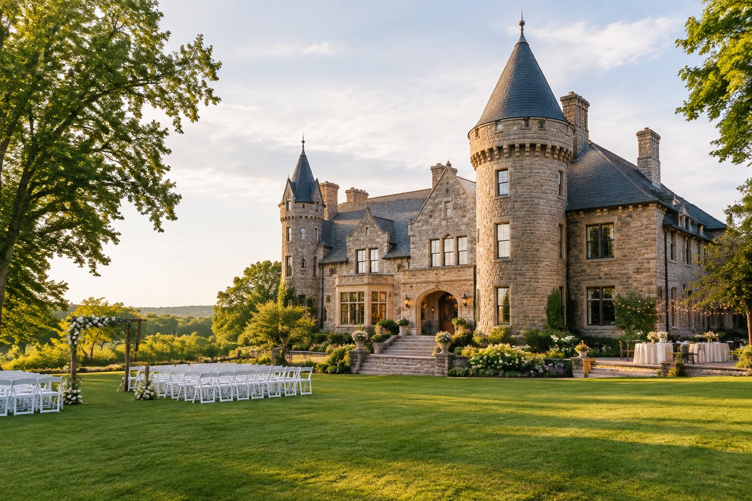 A historic castle-like wedding venue with stone walls, gardens, and an outdoor ceremony setup.
