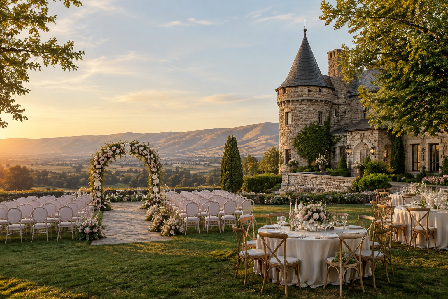 A romantic castle-inspired wedding venue with a flower-lined ceremony area and reception tables in a sunlit garden.
