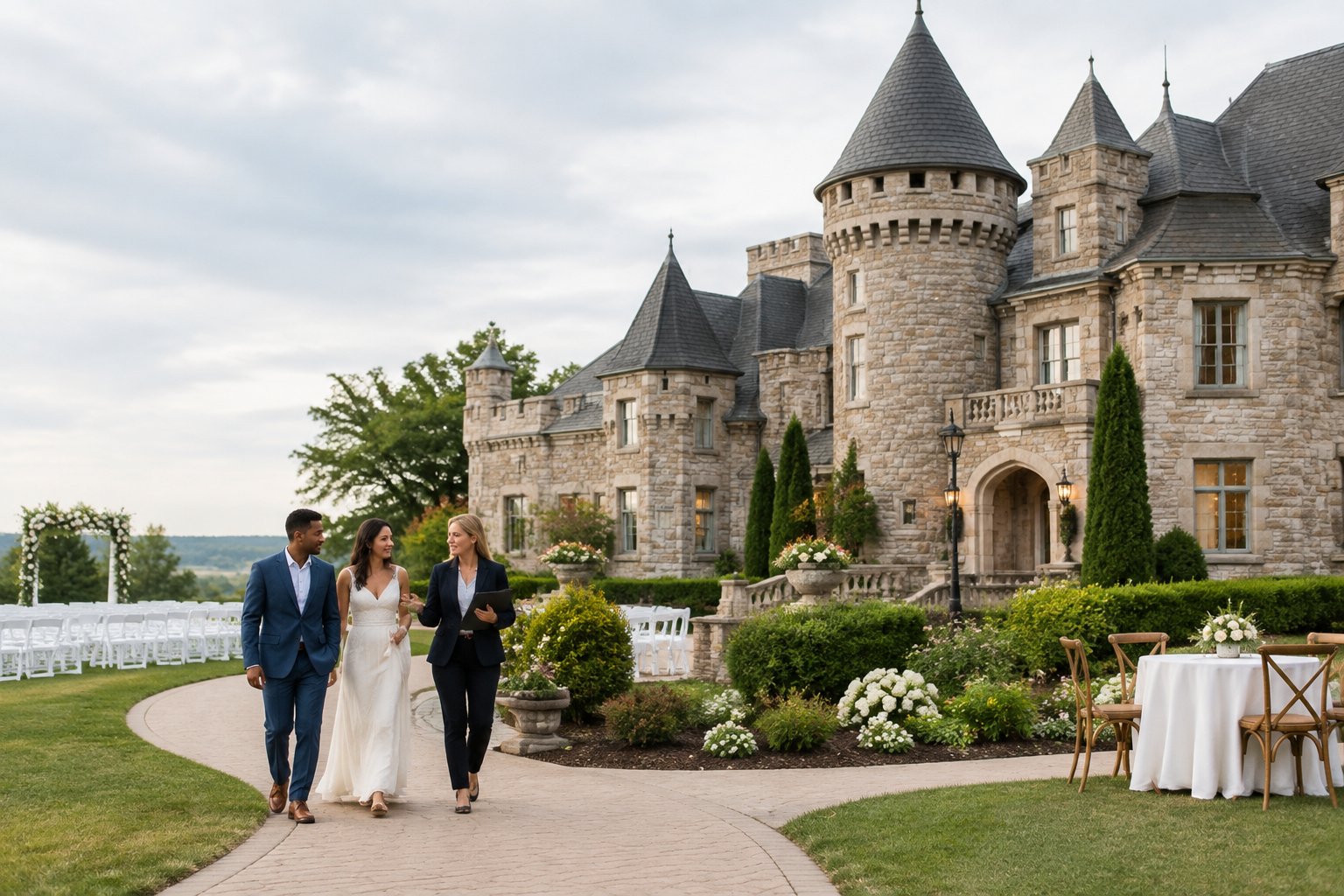 A couple tours the landscaped grounds of a castle-style wedding venue with a planner.