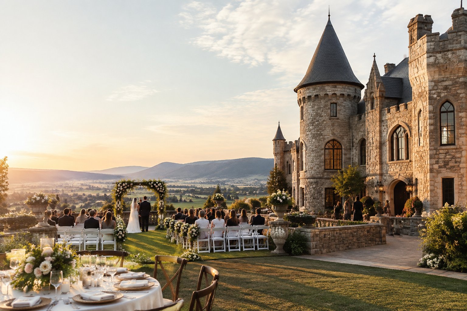 Elegant outdoor wedding setup beside a castle-inspired venue in the Yakima Valley.
