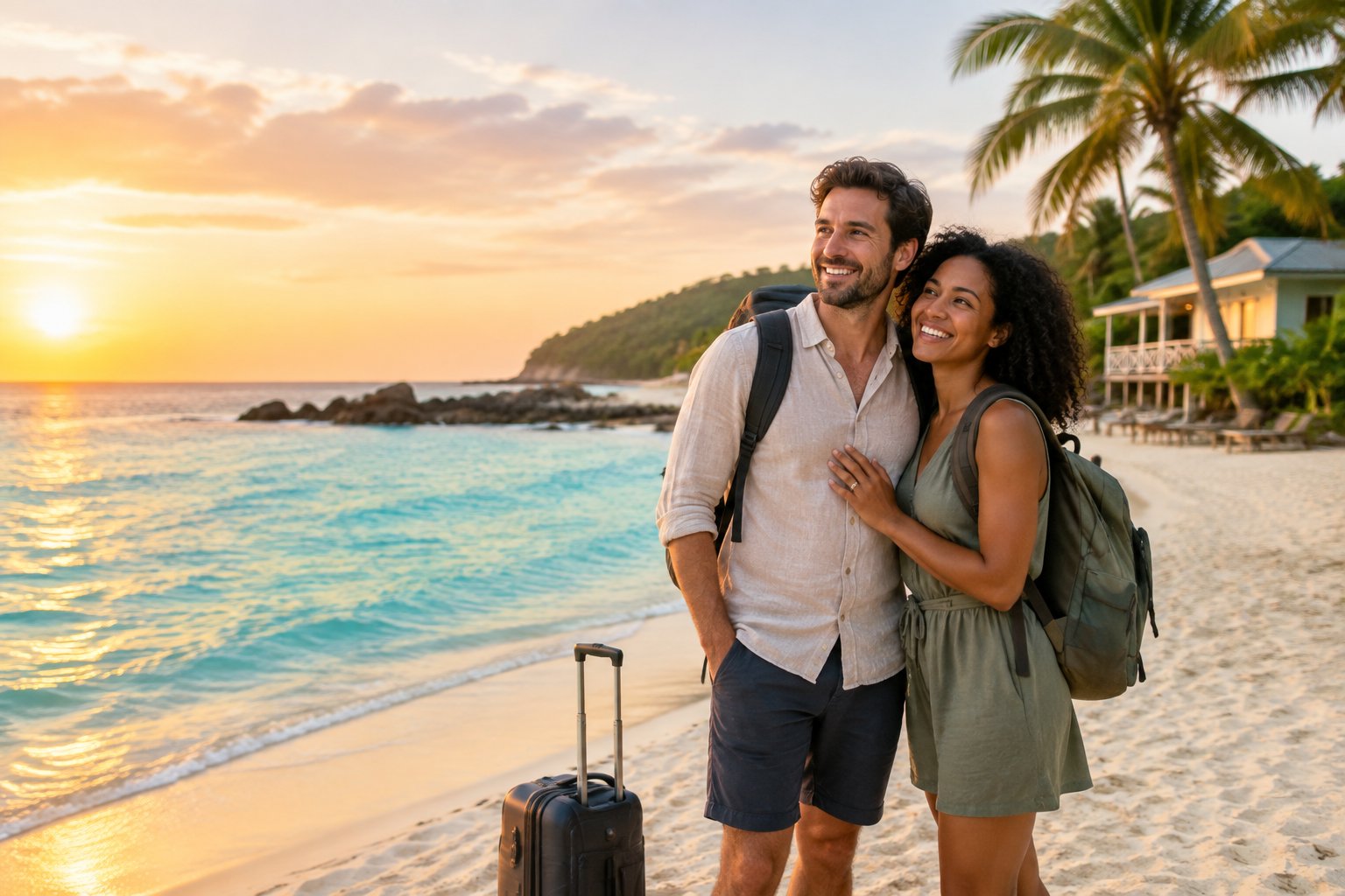 A newlywed couple with small luggage enjoying a sunny beach beside modest seaside lodging.
