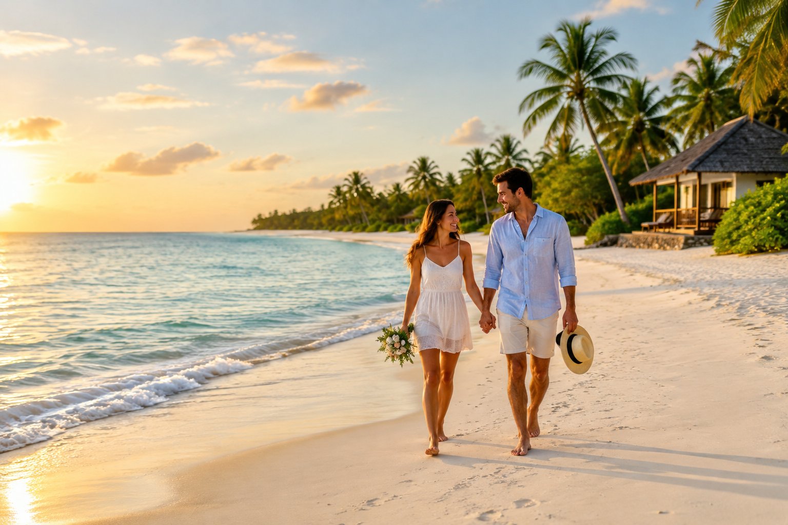 A newlywed couple walks hand in hand along a sunny tropical beach near a simple beachfront bungalow.