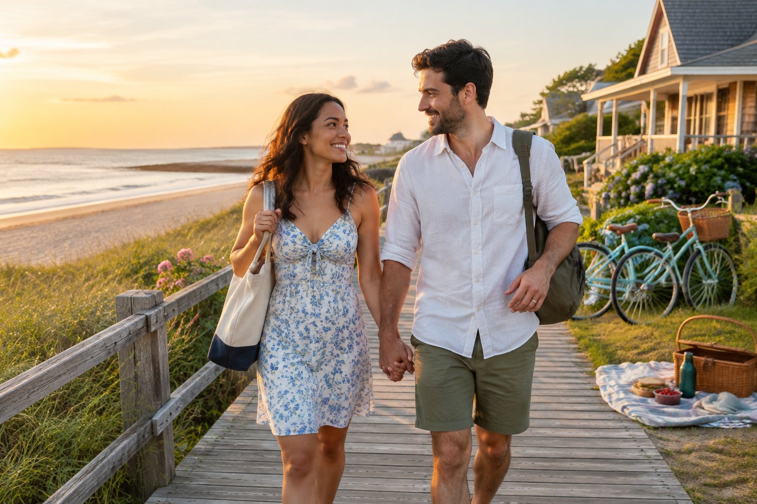 A newlywed couple walks hand in hand along a scenic coastal boardwalk near a small beach town.