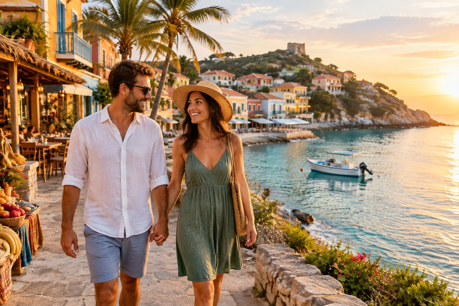 A newlywed couple walks hand in hand along a sunny tropical coastline near a colorful coastal village.
