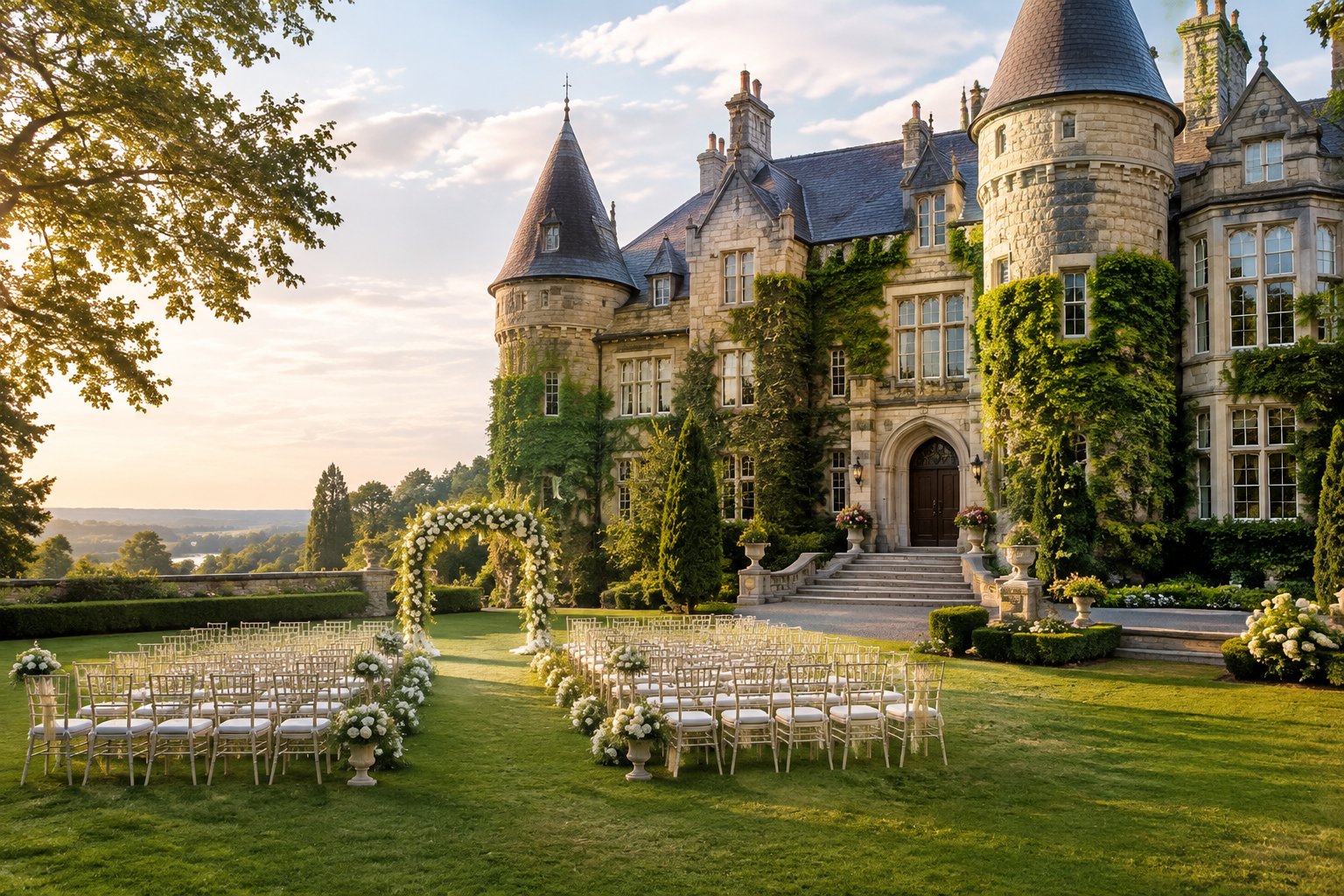 A grand stone castle wedding venue surrounded by manicured gardens and a decorated outdoor ceremony area.