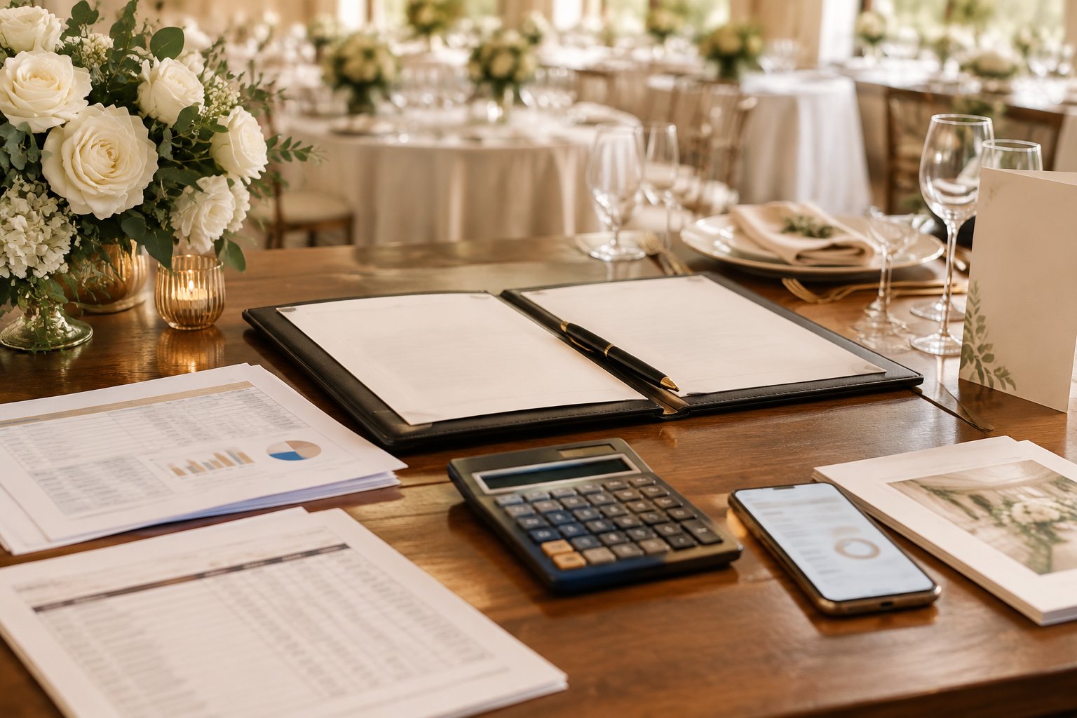 Wedding catering budget documents, a calculator, and a pen arranged on a table with reception details in the background.