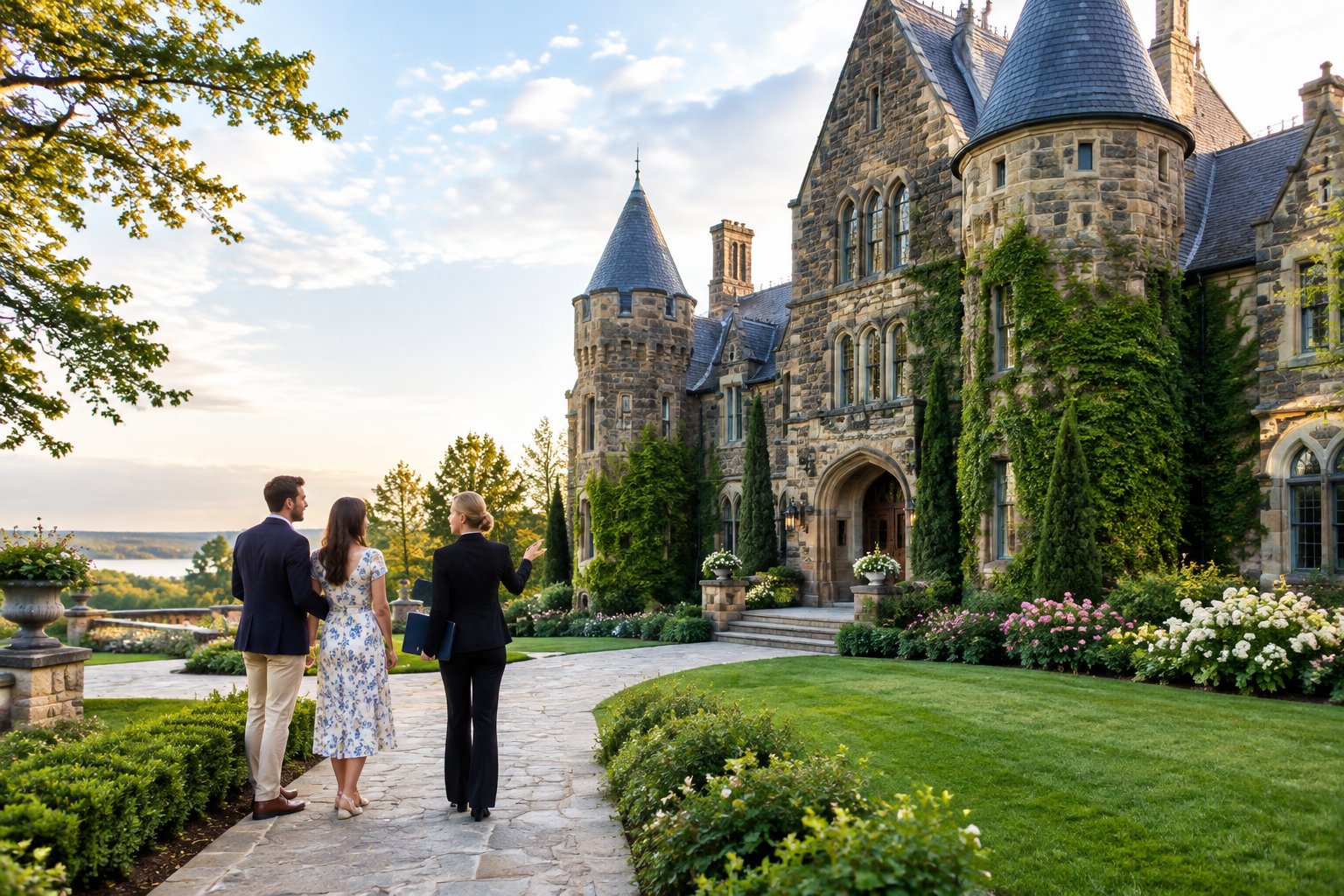 A couple tours an elegant stone castle wedding venue and its landscaped grounds with a coordinator.