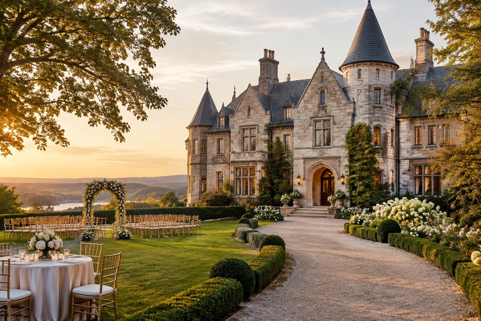 A grand castle-style wedding venue surrounded by landscaped gardens and ceremony chairs.