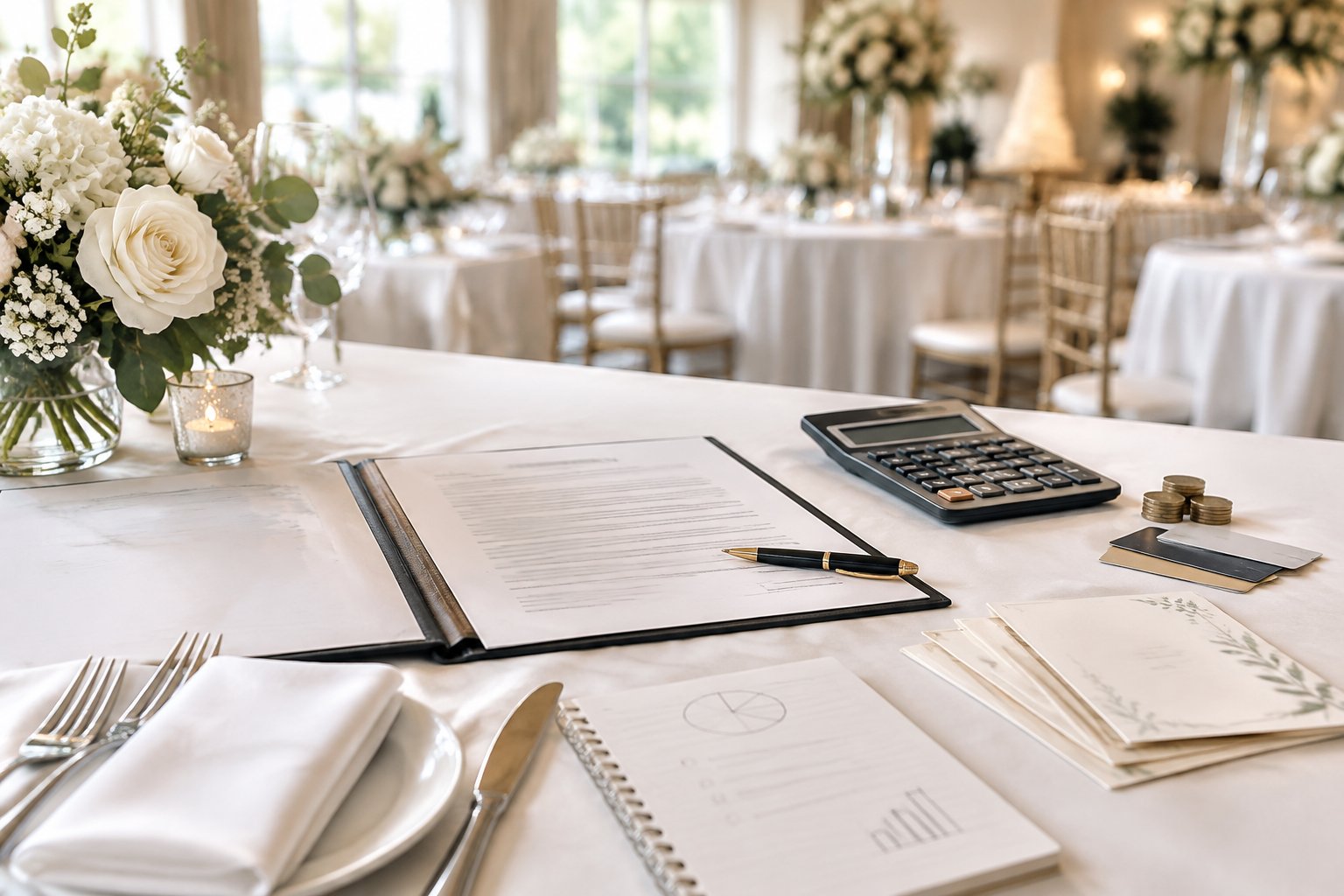 Wedding catering contract and calculator arranged on an elegant reception table.