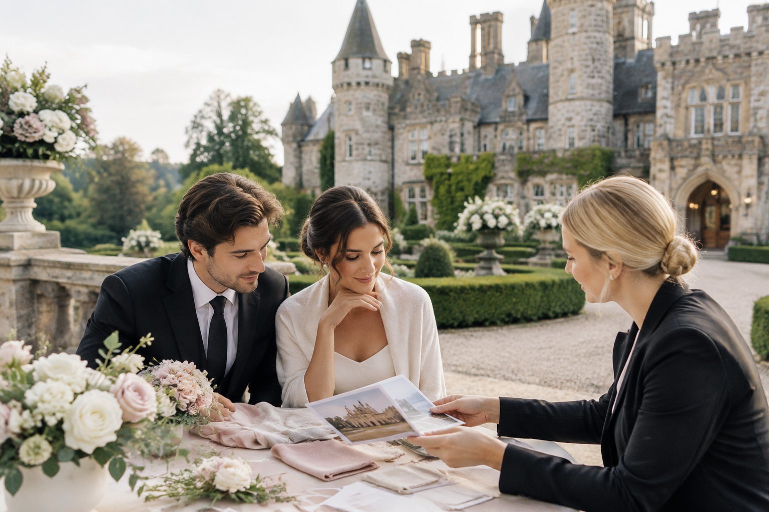 A couple and wedding planner review wedding details outside an elegant castle venue in Yorkville.