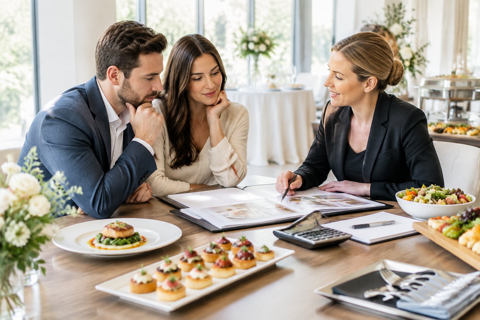 A couple discusses wedding catering options and costs with a caterer at a table displaying menu samples and plated dishes.