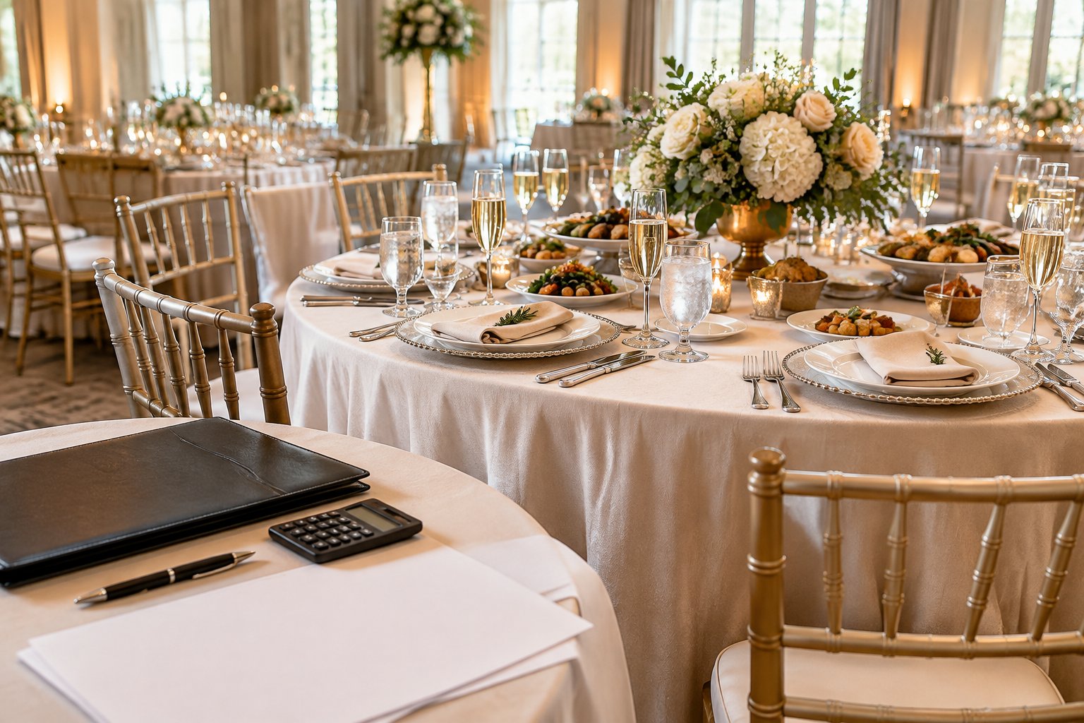 An elegant wedding reception table with catered food, drinks, rental place settings, and blank contract papers.