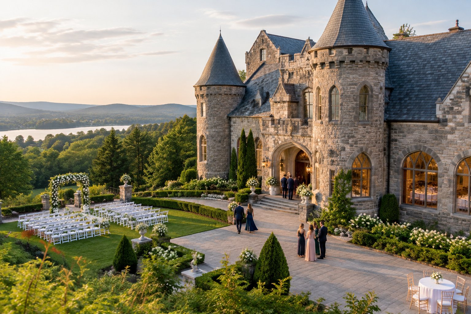 A castle-style wedding venue with stone turrets, gardens, and an outdoor ceremony setup.
