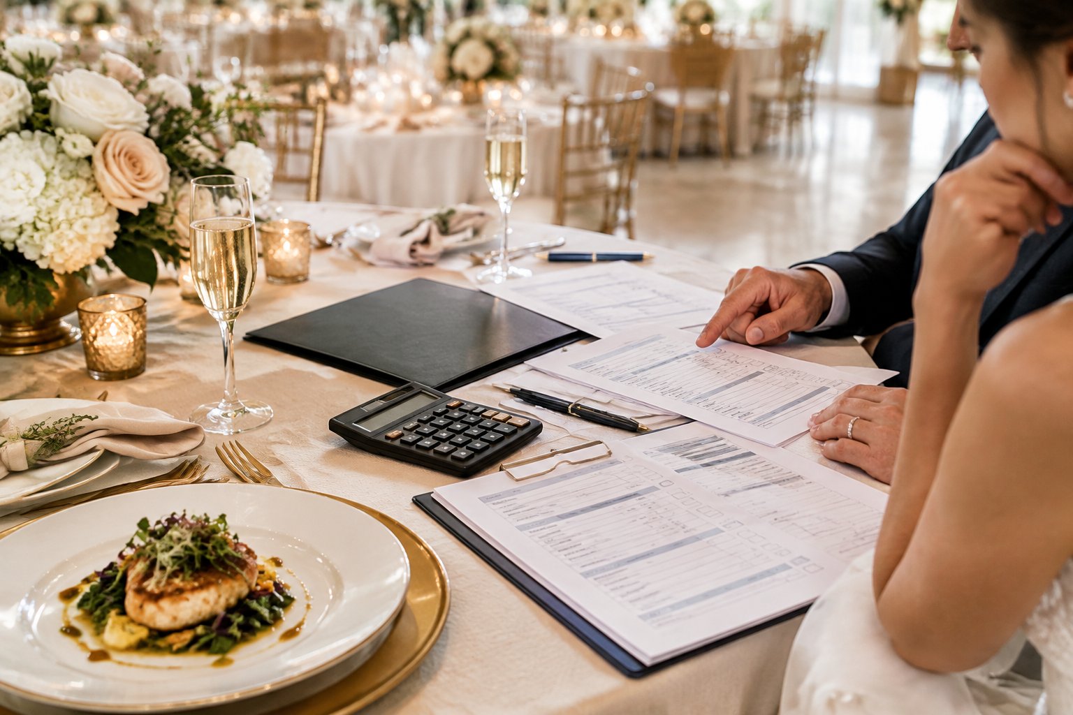 A wedding catering table with a contract, calculator, and billing documents being reviewed beside elegant place settings.