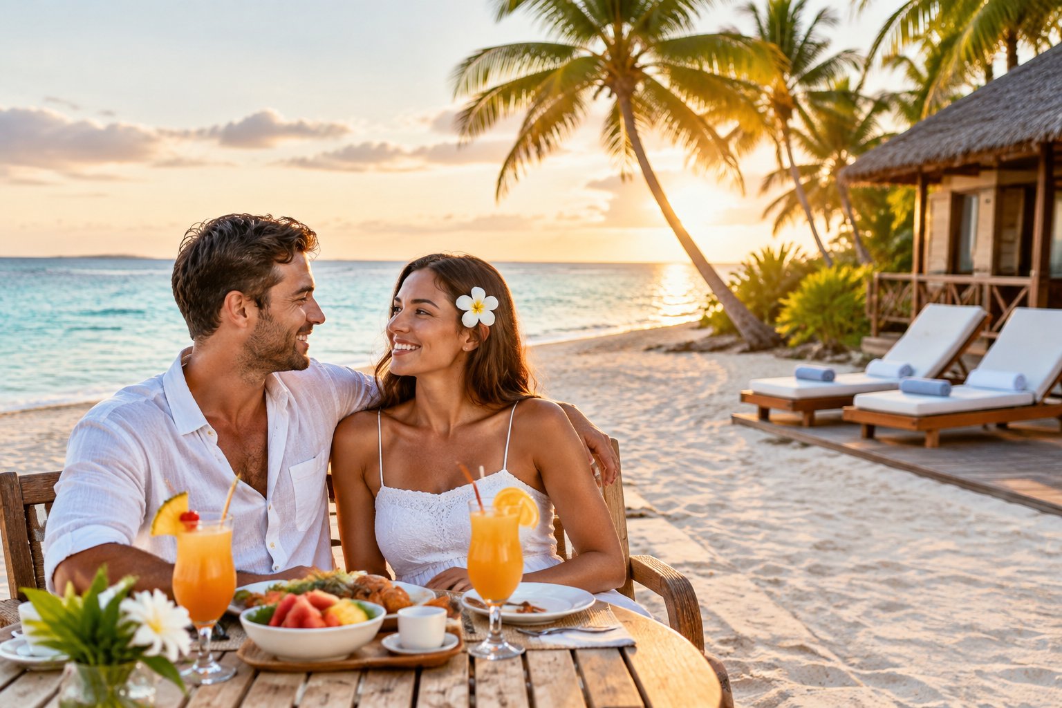 A newlywed couple relaxing together on a tropical beach at an affordable all-inclusive resort.