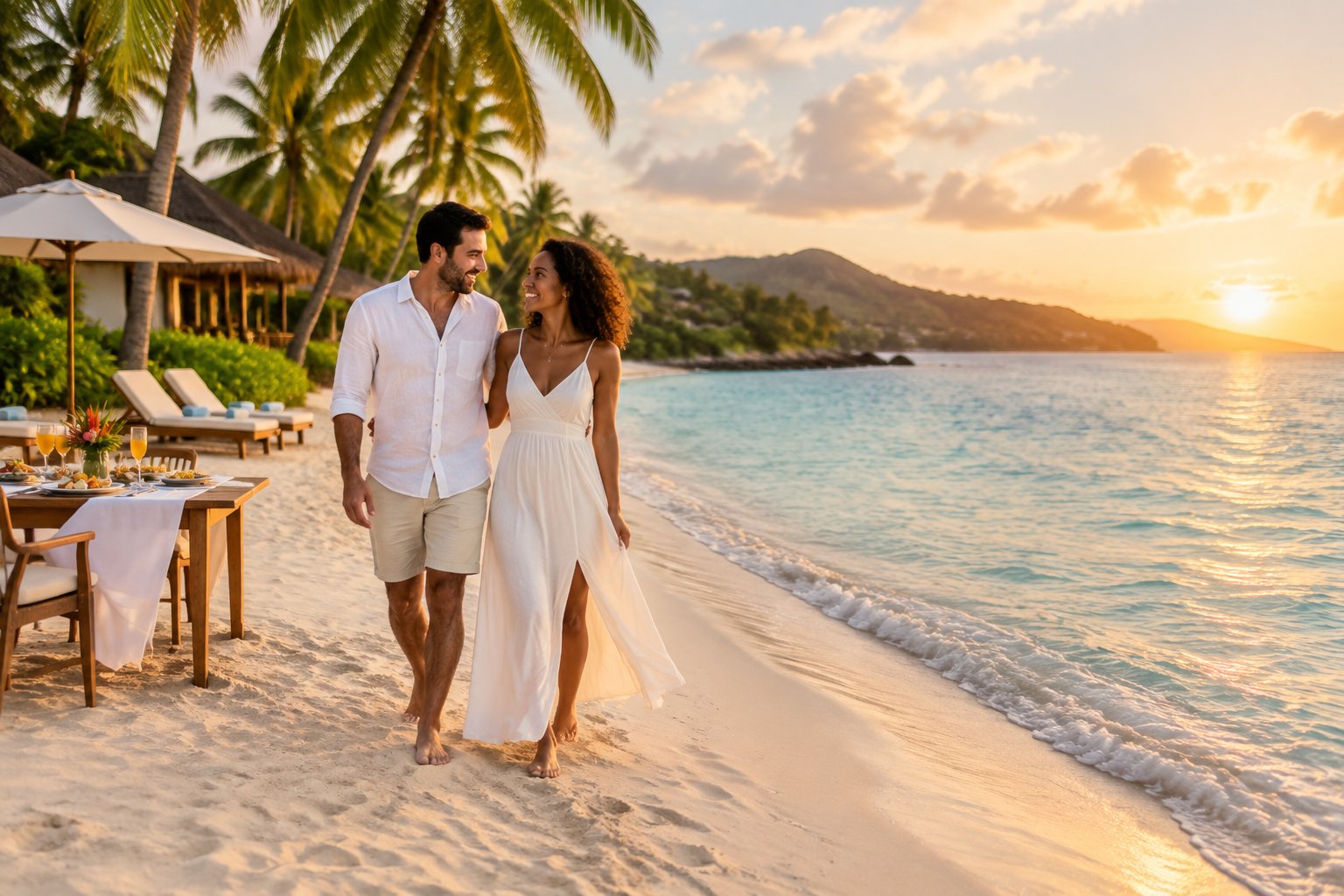 A newlywed couple walks along a tropical Caribbean beach near a welcoming resort.