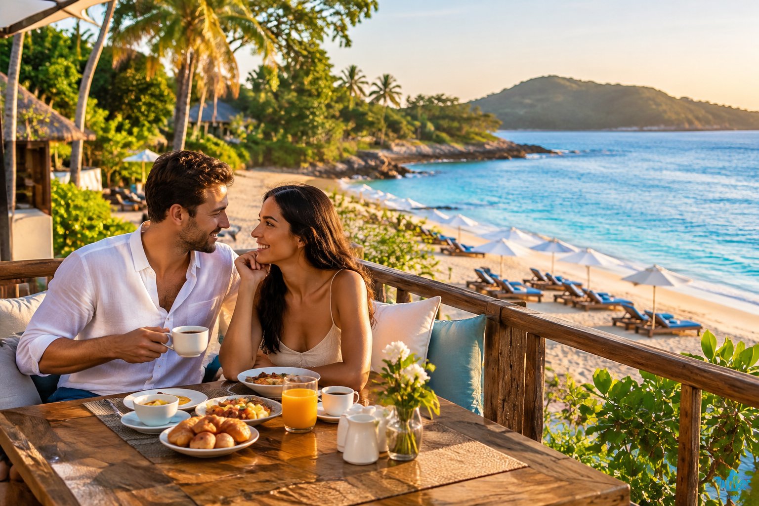 A newlywed couple relaxing together at an affordable seaside resort with turquoise water and a sandy beach.