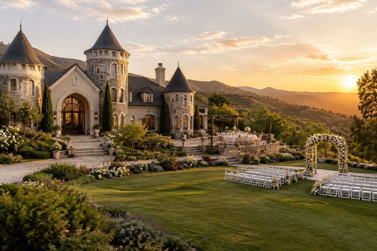 A castle-style wedding venue with gardens, a ceremony arch, and rolling hills in the background.