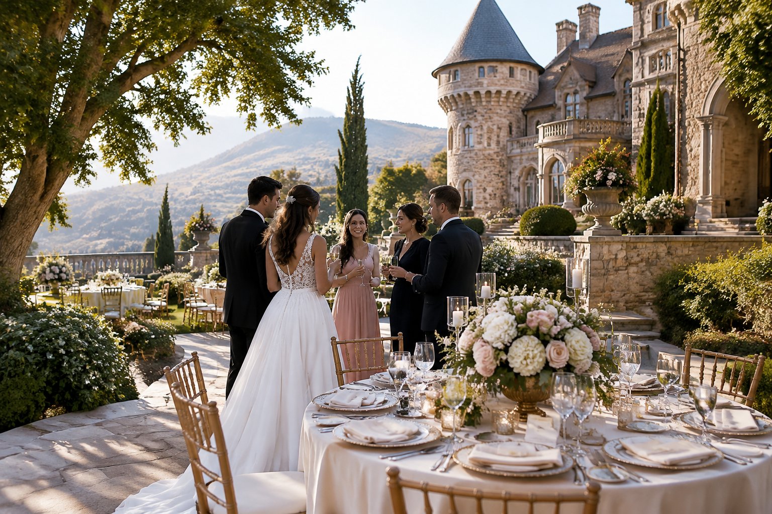 A bride and groom celebrate with guests outside a stone castle-style wedding venue surrounded by gardens and hills.