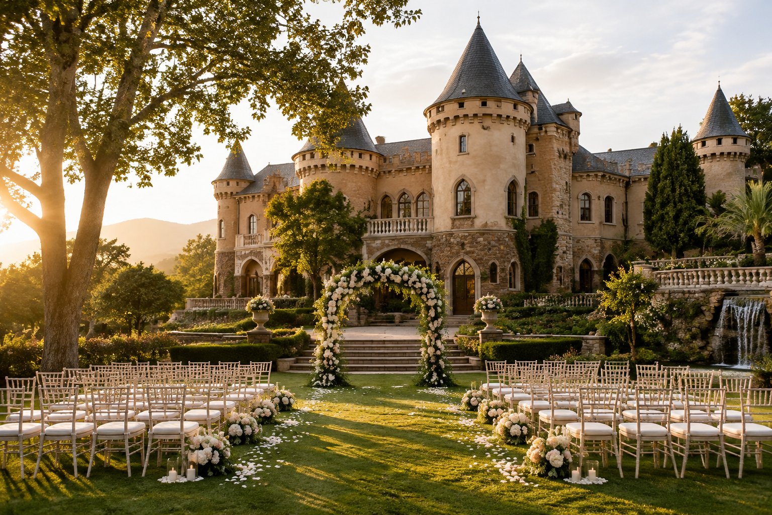 A romantic wedding ceremony setup in the gardens of a castle-inspired venue.