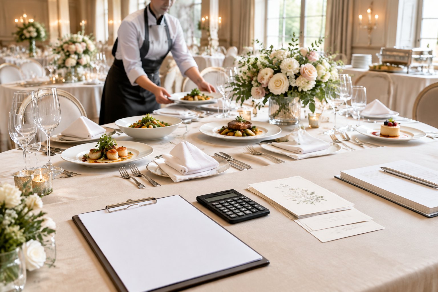 A wedding reception table with plated food, elegant tableware, and catering budget materials being organized.