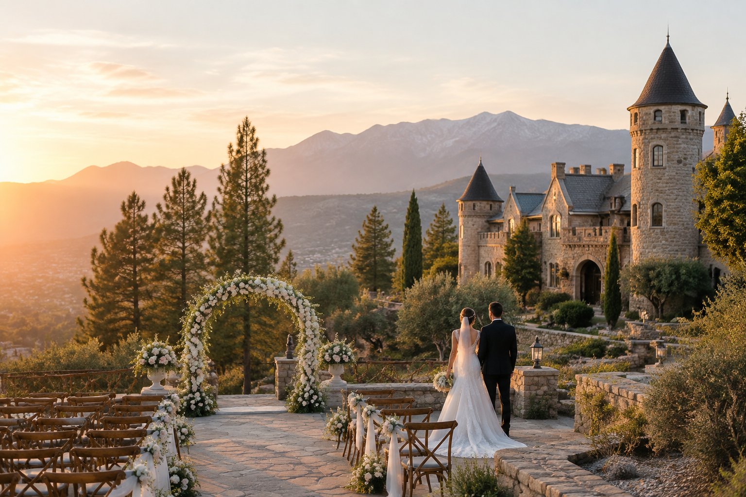 A couple stands at an outdoor wedding ceremony site overlooking a stone castle venue and mountain foothills.
