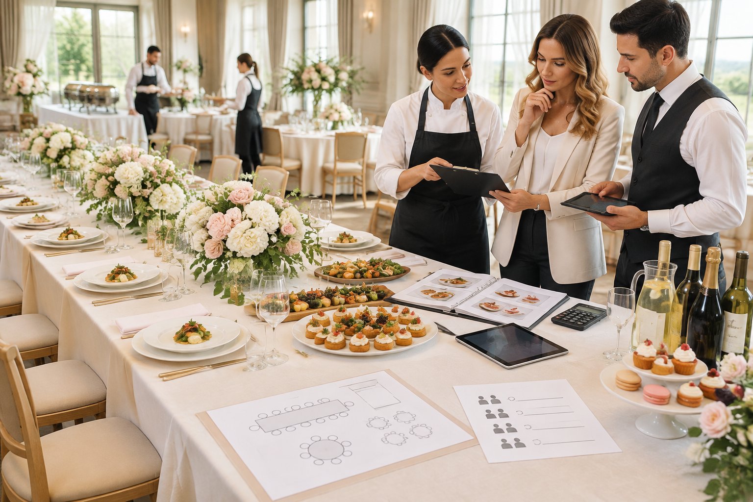 Wedding planners and catering staff review meal options and event details at a decorated reception table.