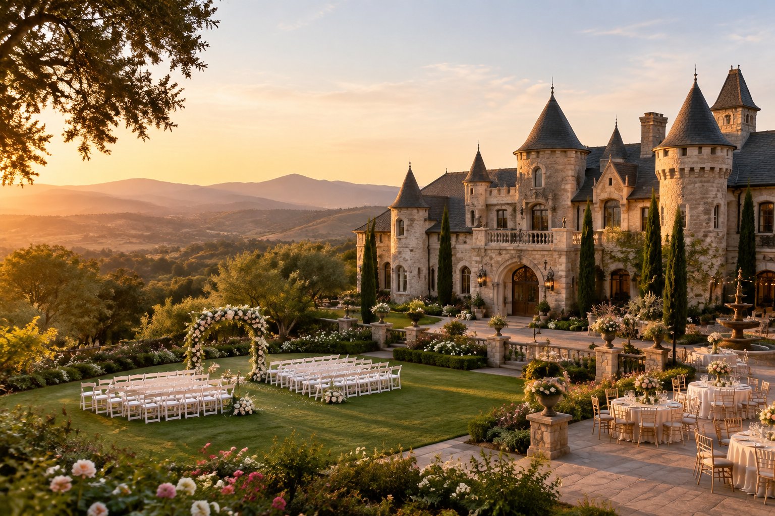 A stone castle wedding venue surrounded by gardens and rolling hills, with an elegant outdoor ceremony setup.