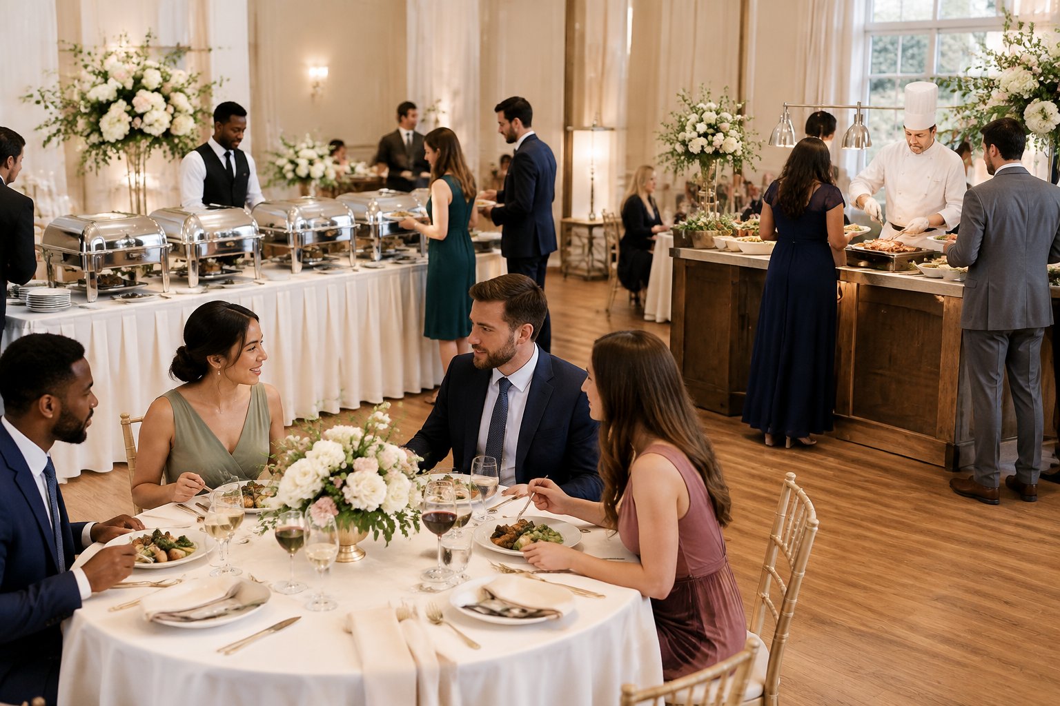 Wedding guests dine at a reception with plated meals, a buffet, and chef-served food stations.