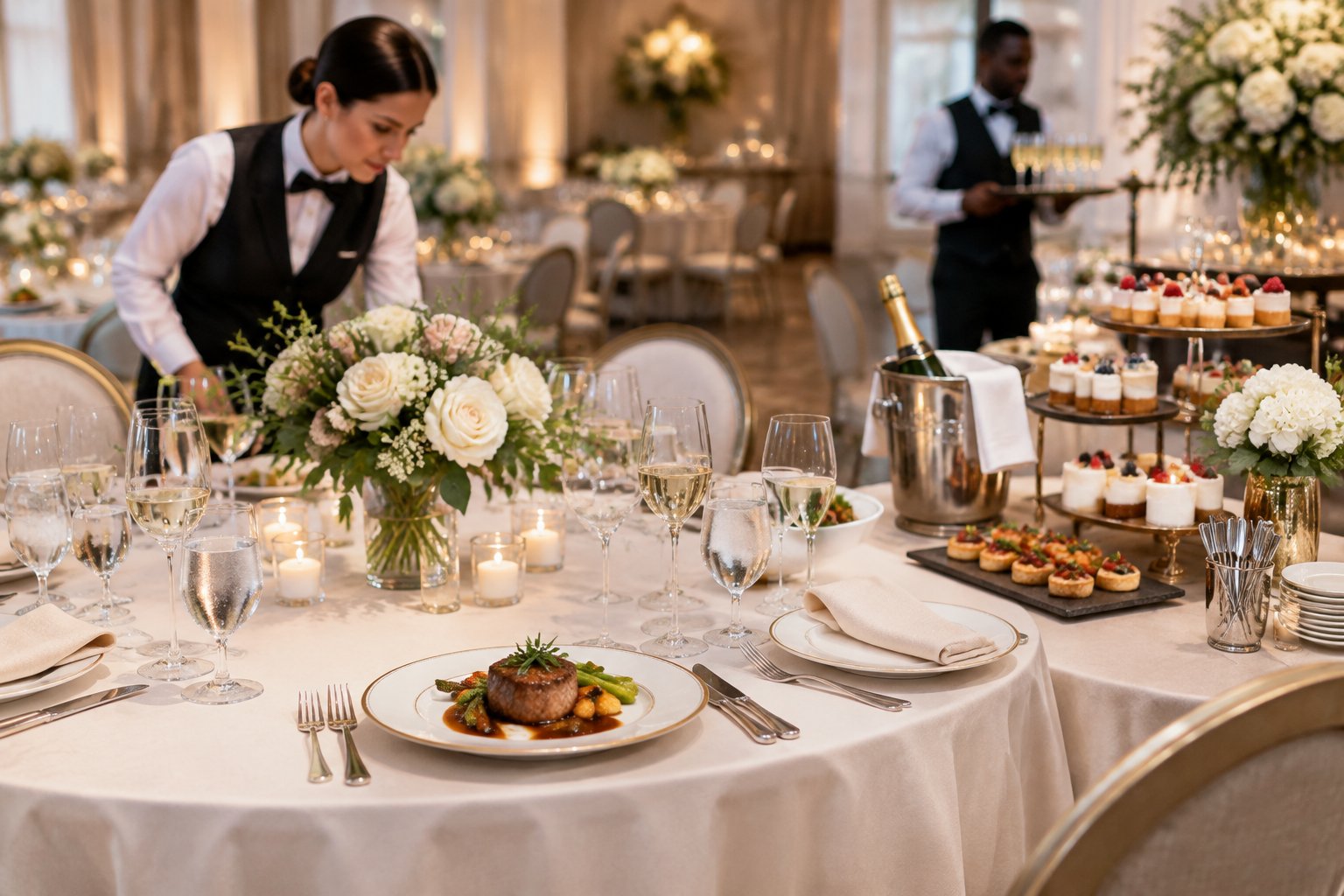 An elegant wedding reception table with plated food, drinks, floral decorations, and caterers arranging optional services.