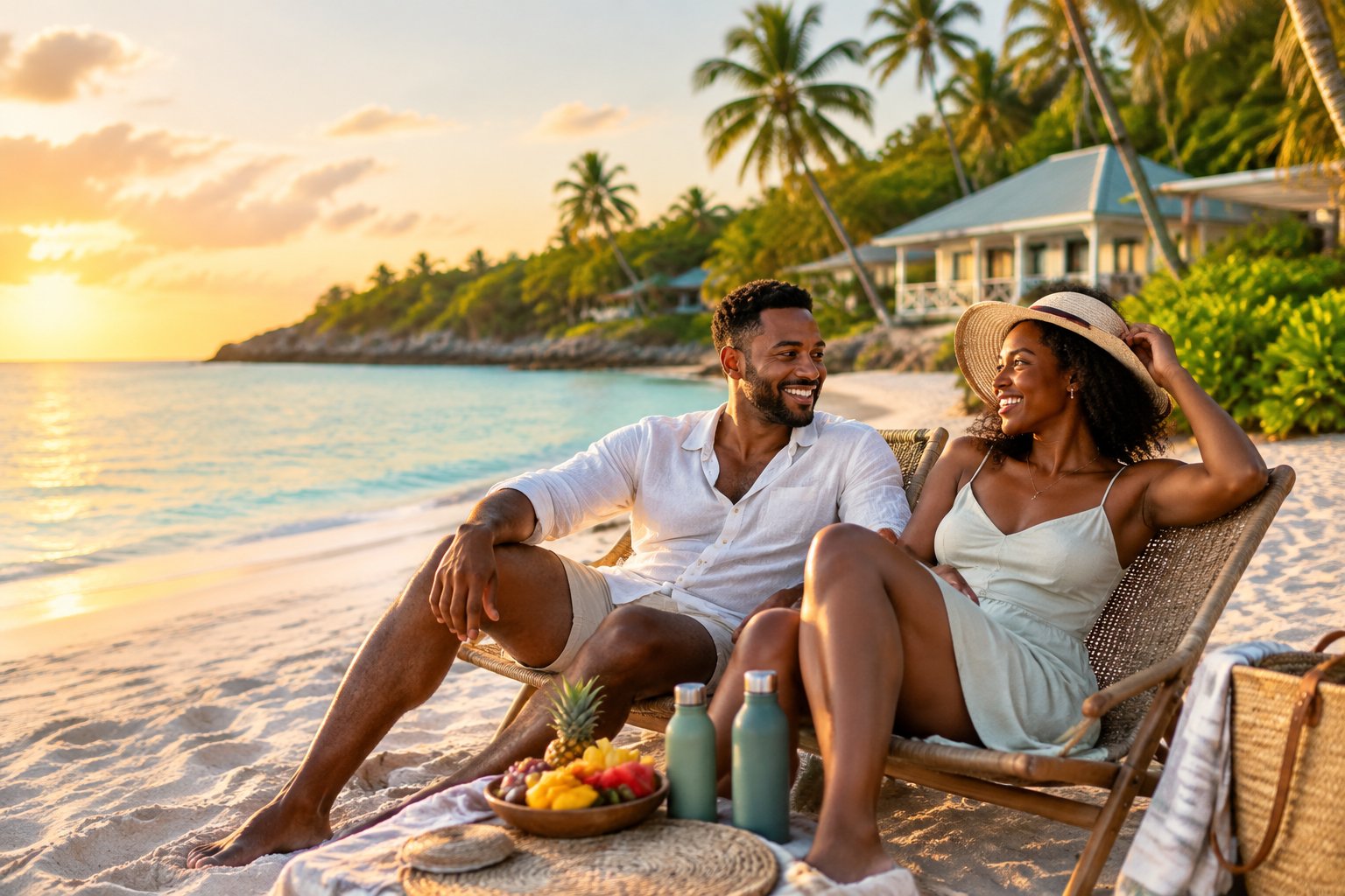 Newlywed couple relaxing on a tropical Caribbean beach beside turquoise water and palm trees.