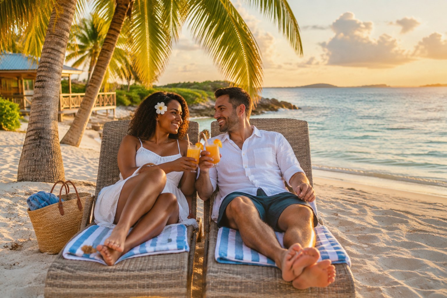 A couple relaxes together on a tropical Caribbean beach beside calm turquoise water.