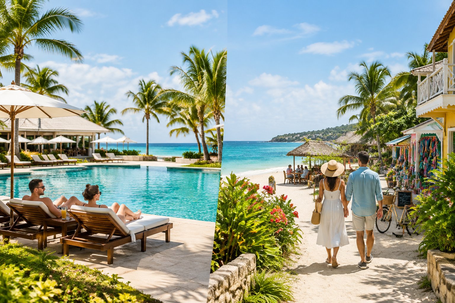 A newlywed couple compares a Caribbean resort pool with a charming independent beachfront guesthouse.