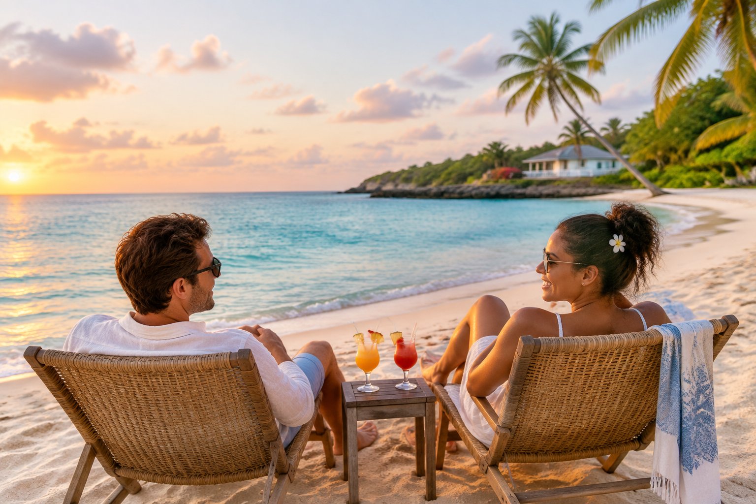 A newlywed couple relaxing on a quiet tropical Caribbean beach beside turquoise water and palm trees.