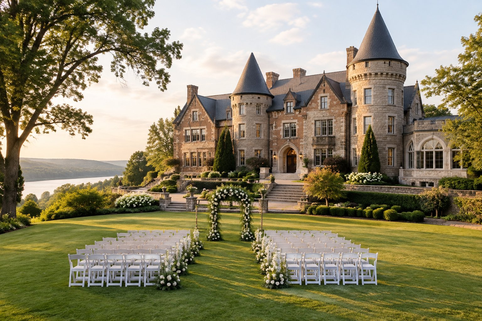 A castle-style wedding venue surrounded by landscaped gardens with an outdoor ceremony setup on the lawn.