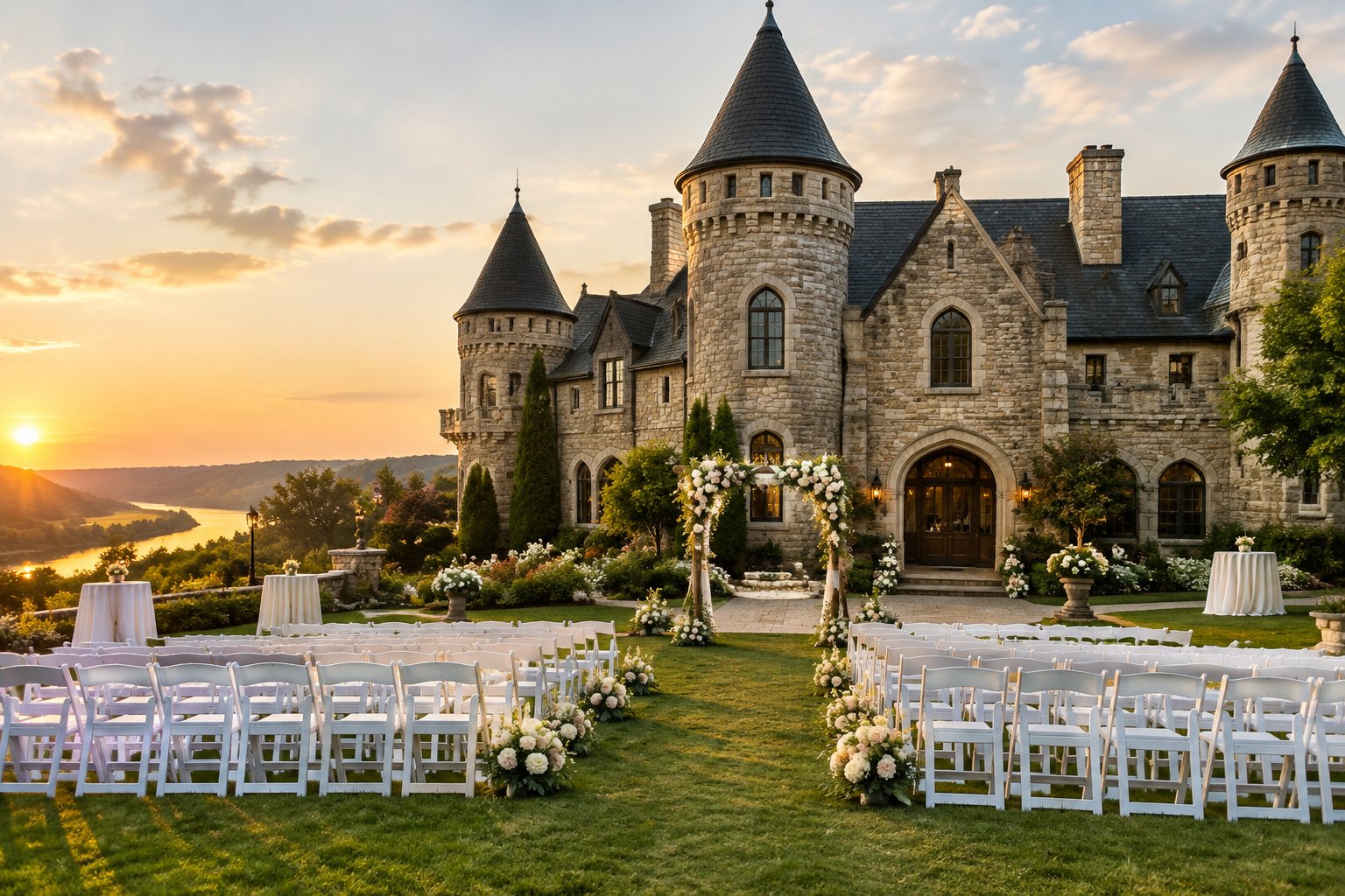 A stone castle-style wedding venue with turrets, landscaped grounds, white ceremony chairs, and a floral arch.