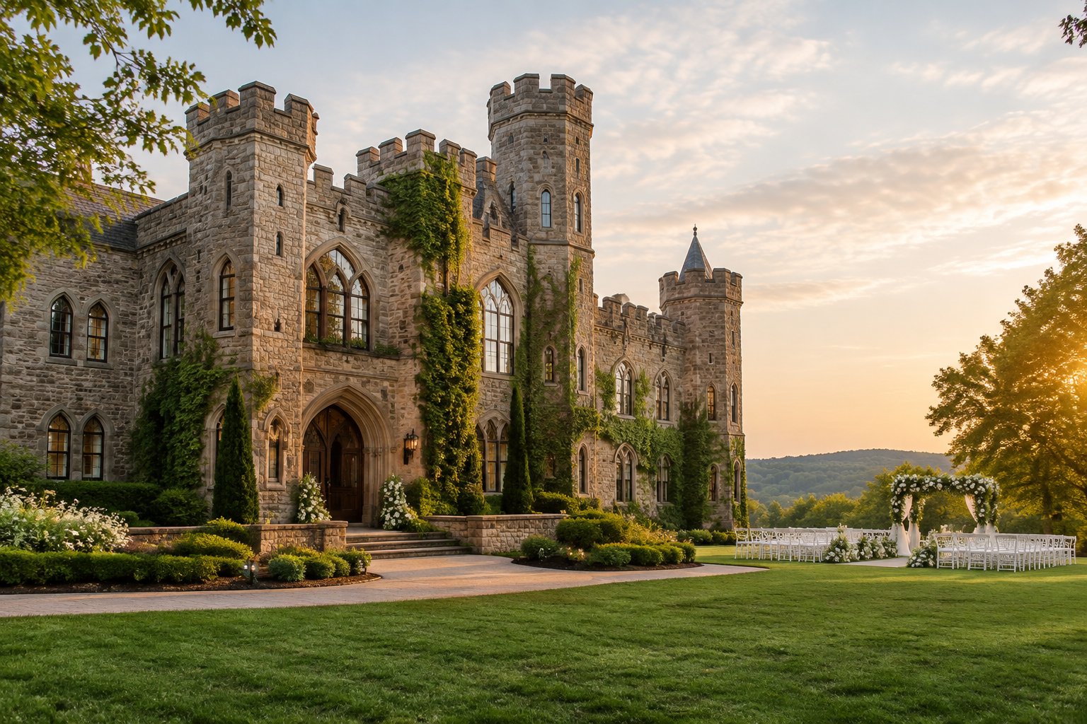 A historic stone castle wedding venue surrounded by landscaped grounds and wedding chairs.