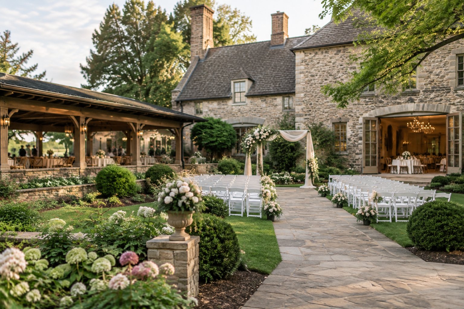 A historic manor-style wedding venue with gardens, outdoor seating, and a decorated reception area.