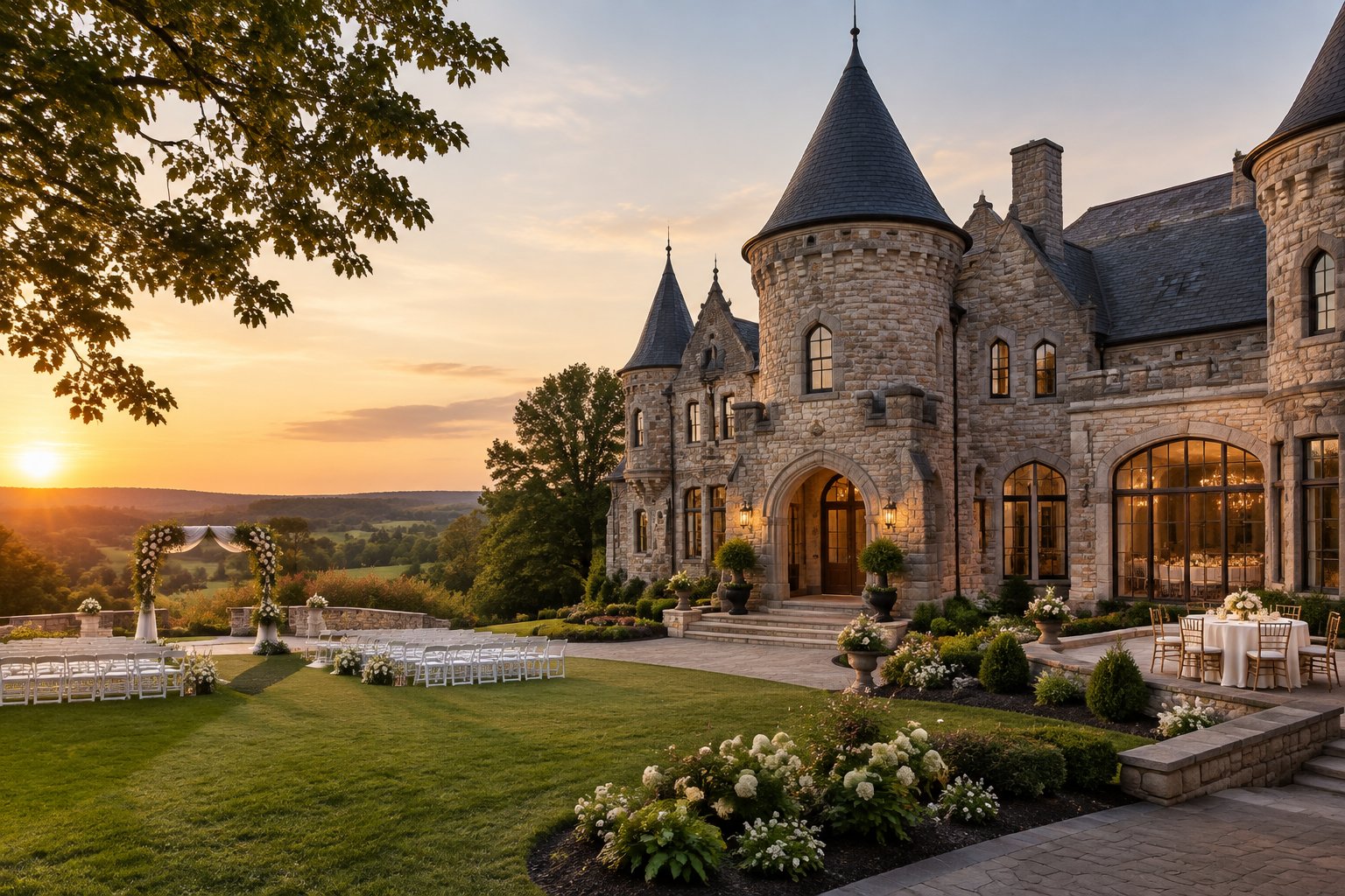 A historic castle-style wedding venue with landscaped grounds, ceremony chairs, floral decorations, and warmly lit reception rooms.