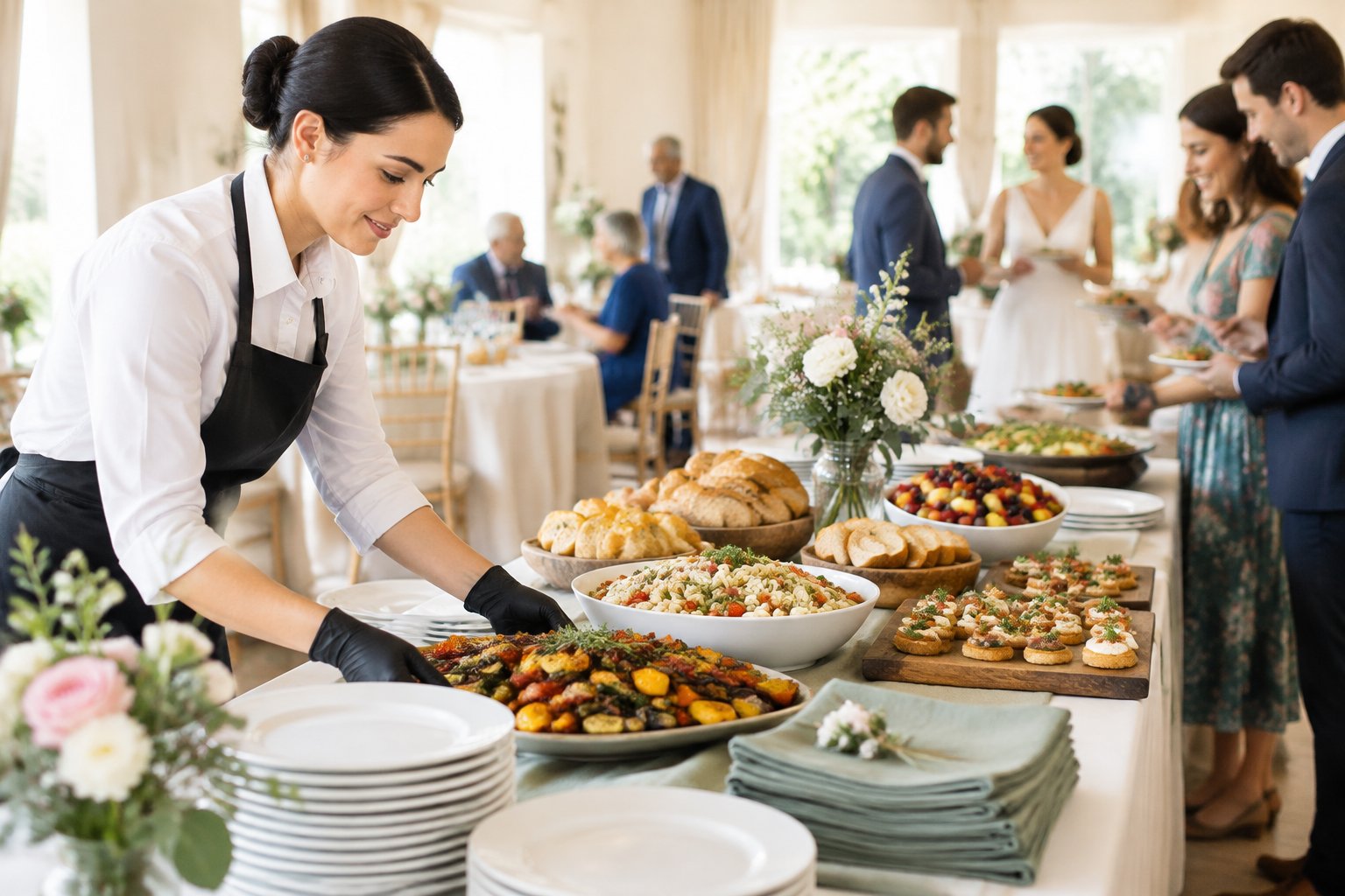 A caterer arranges an affordable buffet at a warmly decorated wedding reception.