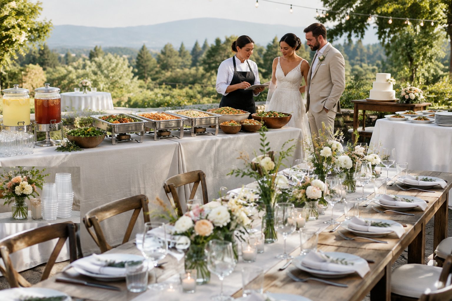 A couple and caterer review affordable menu options beside a thoughtfully arranged wedding reception table.