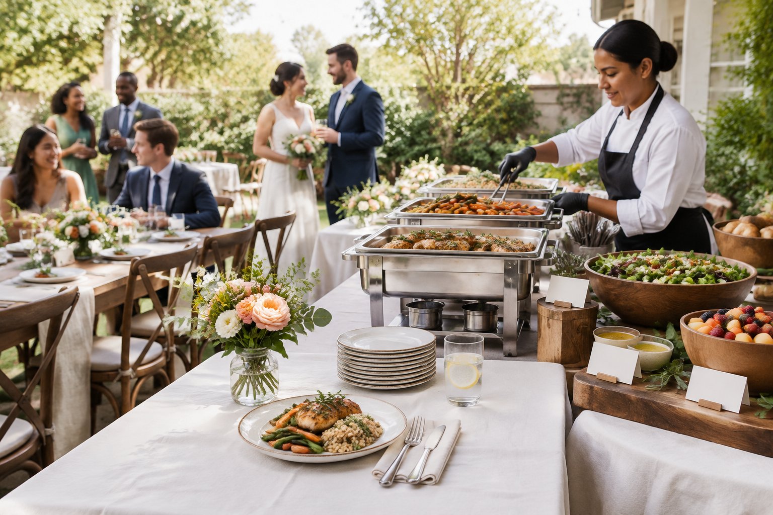 A wedding reception with a catering team arranging an elegant buffet while guests gather around a decorated table.