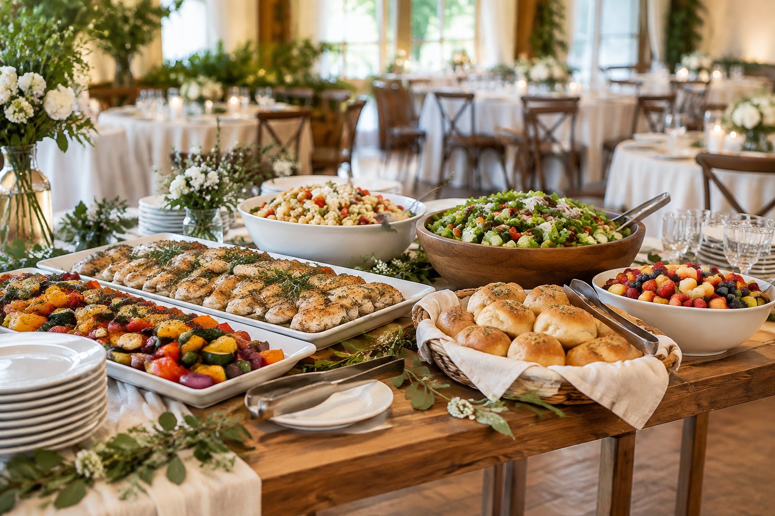 A welcoming wedding buffet with generous trays of affordable food in a softly decorated reception venue.