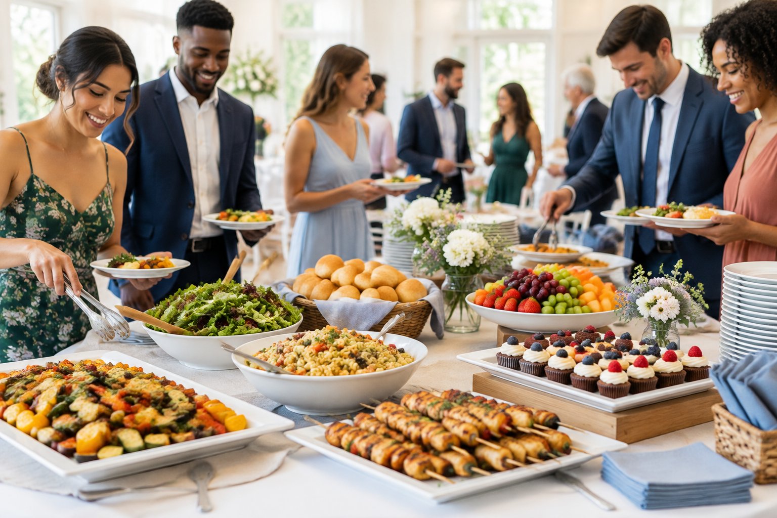 Wedding guests enjoying an affordable buffet with salads, vegetables, bread, and simple desserts.