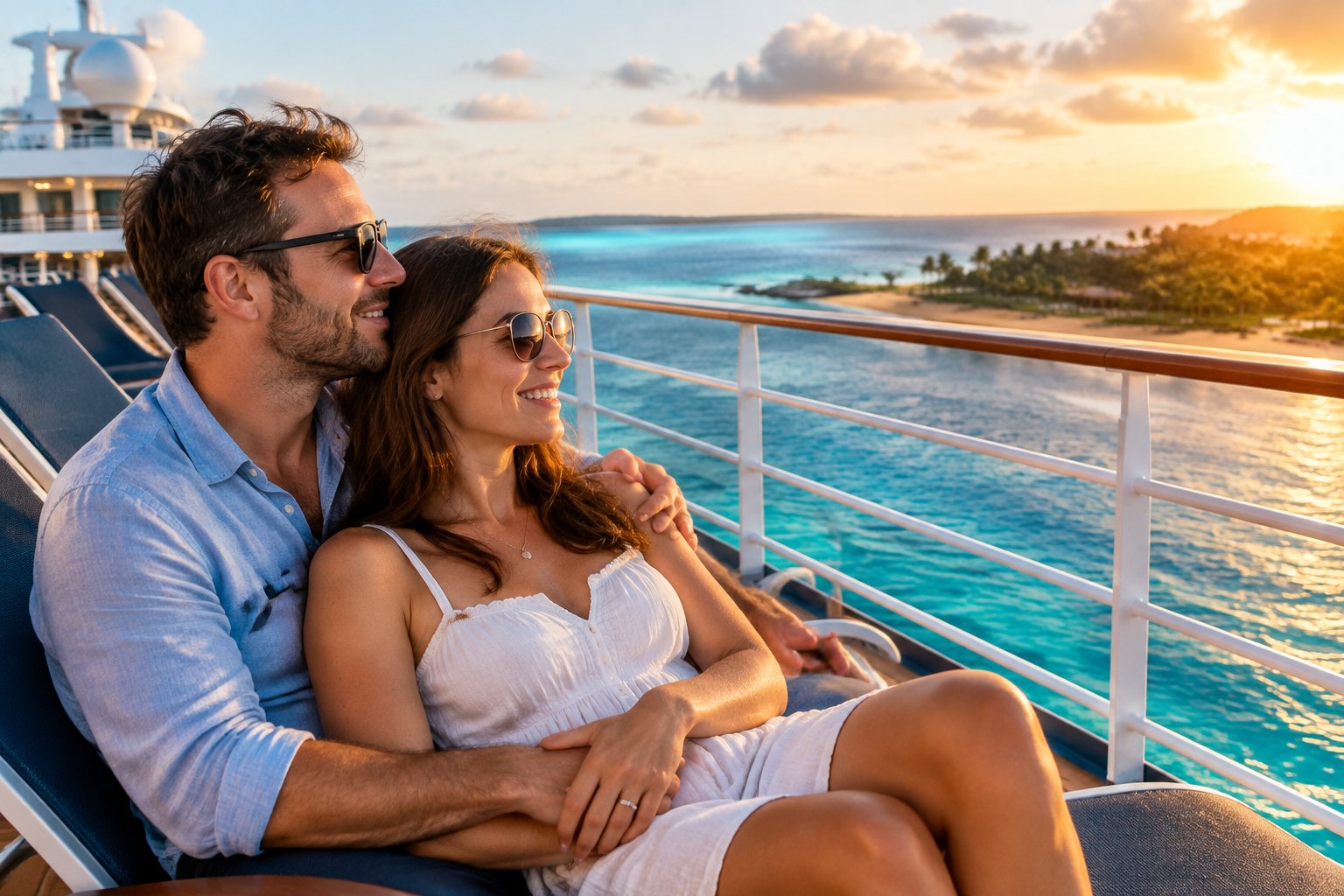 A newlywed couple relaxes on a cruise ship deck while viewing a sunny tropical coastline.