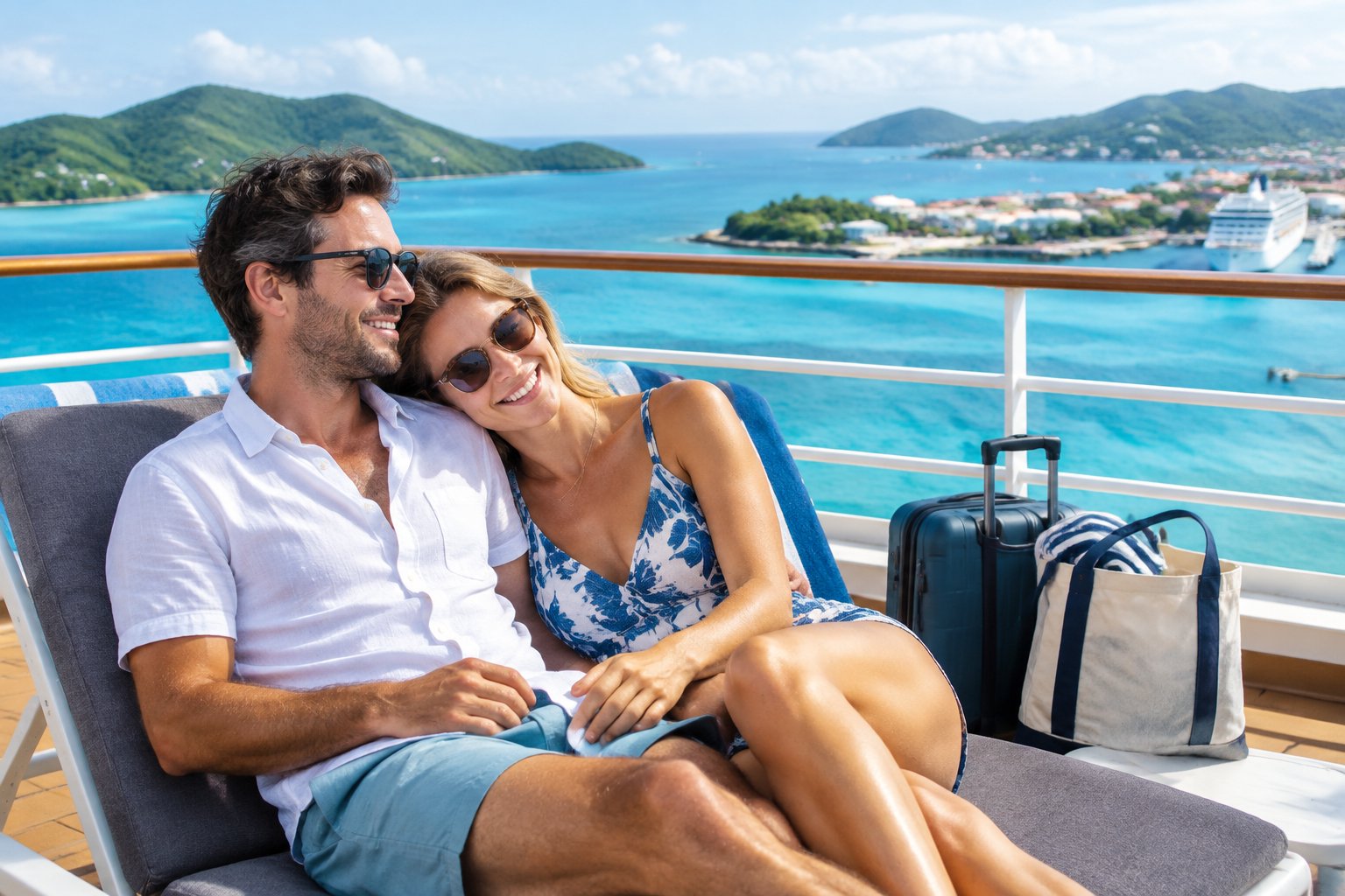 Newlywed couple relaxing on a cruise ship deck with a tropical coastline in the background.