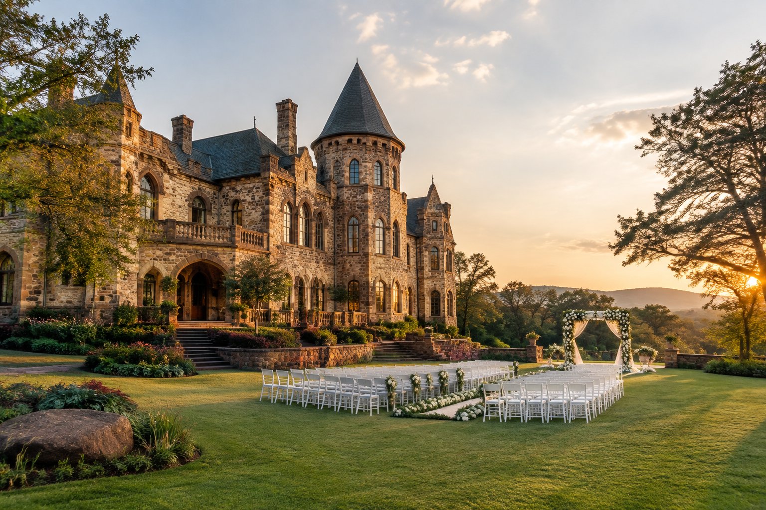 A grand stone castle-style wedding venue in Zimbabwe surrounded by landscaped gardens and an outdoor ceremony setup.