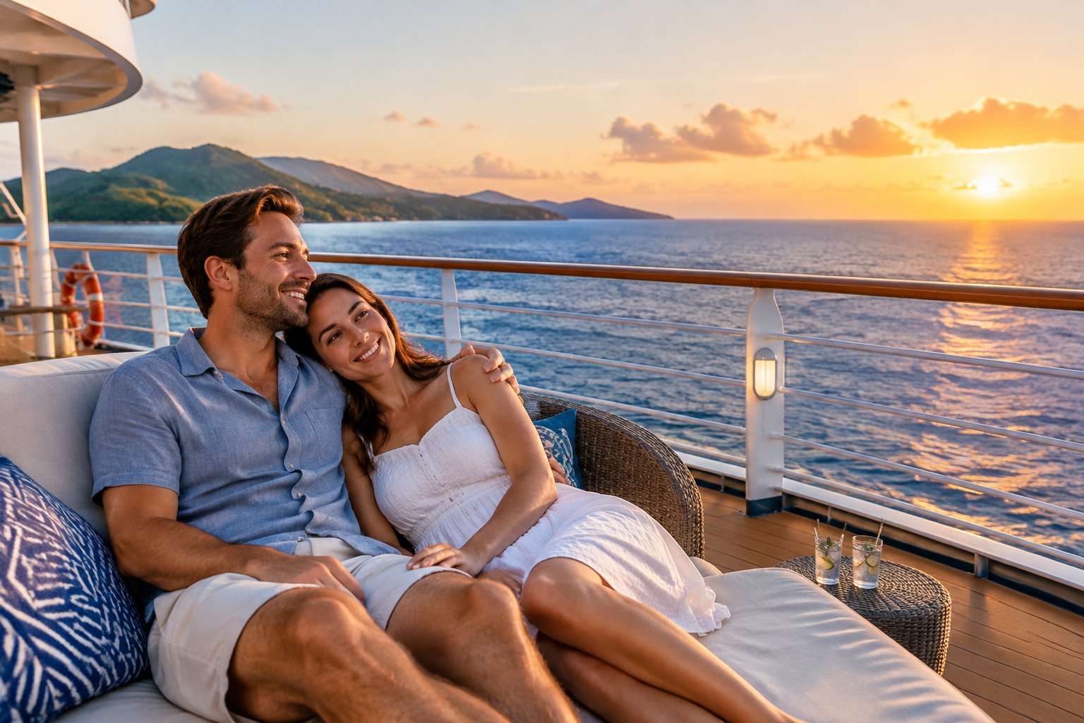 A newlywed couple relaxes together on a cruise ship deck overlooking the ocean at sunset.